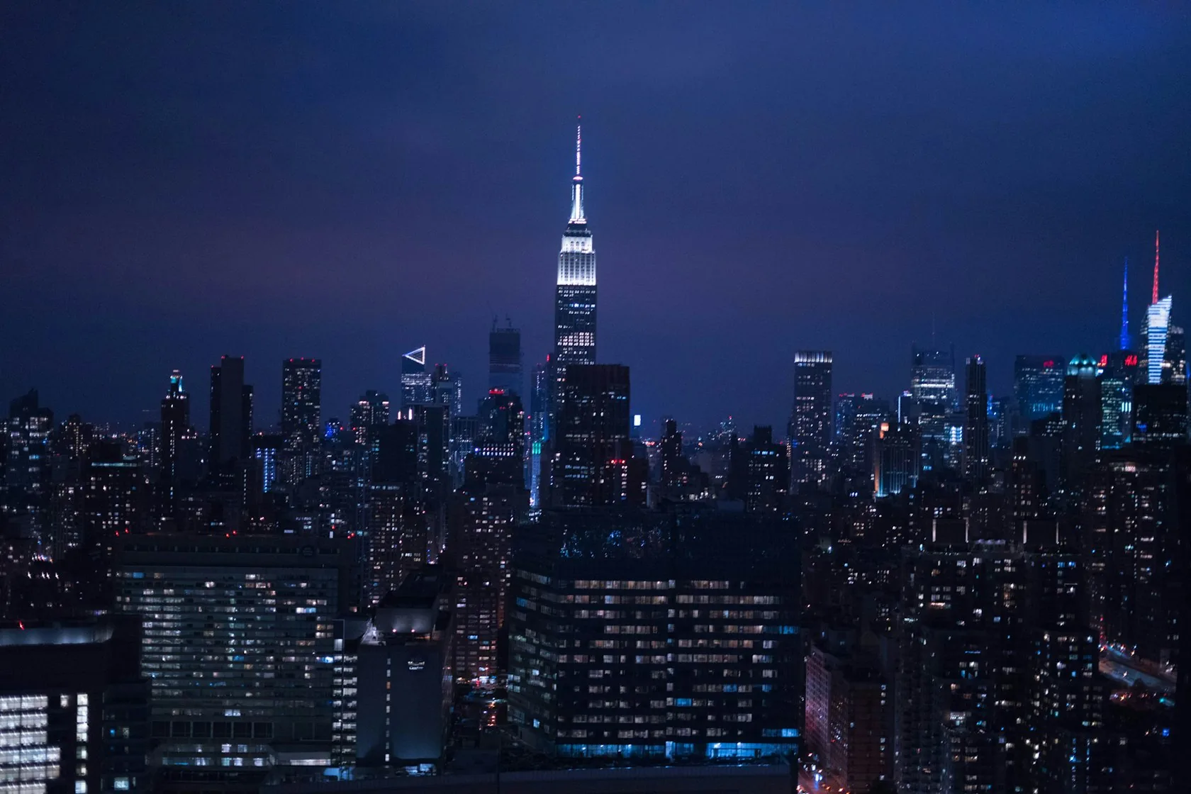 A city skyline at dusk